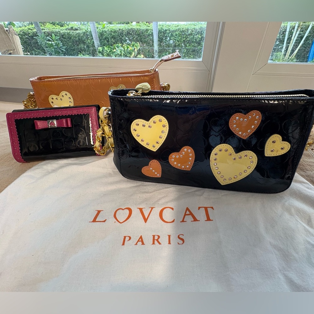 Lovcat Paris black and pink patent leather handbag and wallet